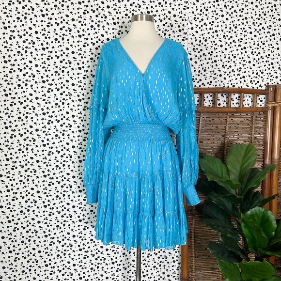 Lilly Pulitzer | Heline Turquoise Blue Gold Polka Dot Ruffle Plus Size Dress 16 - Picture 2 of 13